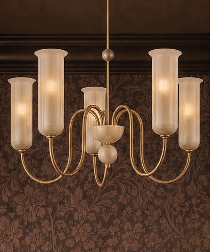 Brass chandelier with tall glass shades